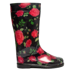 Women's High Wellies with print, Roses on black